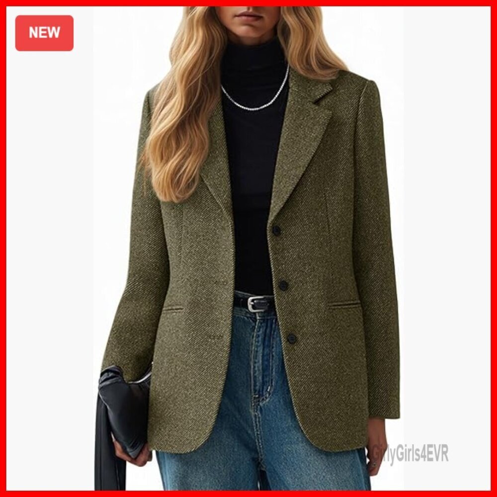 Herringbone Tweed Wool Blazer Lapel Collar Business Casual Office Jacket
